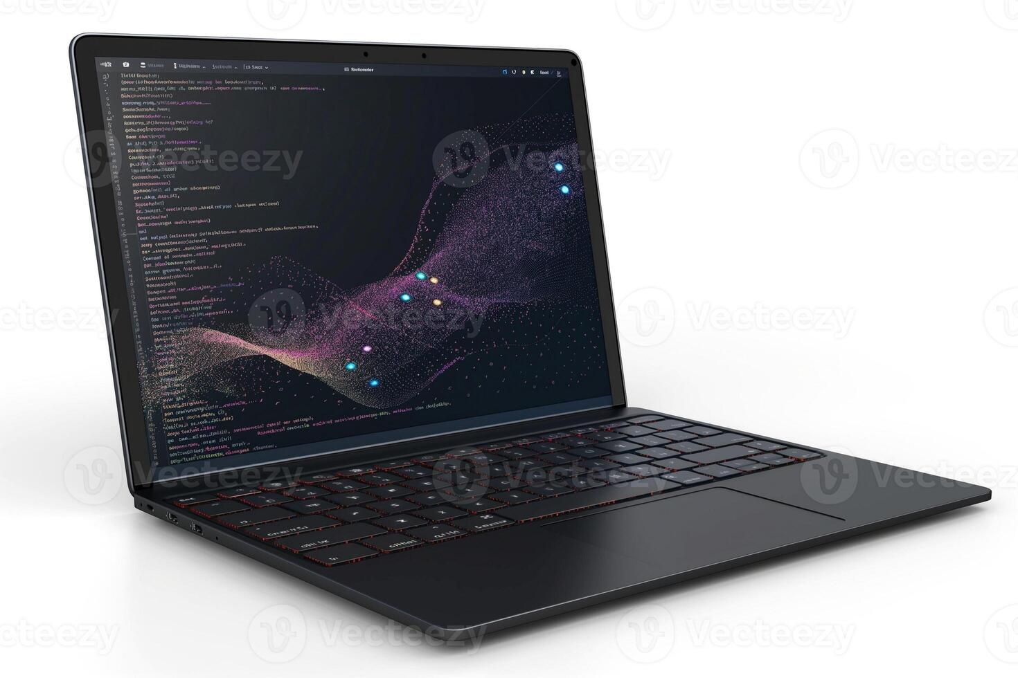 Sleek black laptop displaying dynamic coding interface with vibrant digital graphics. photo