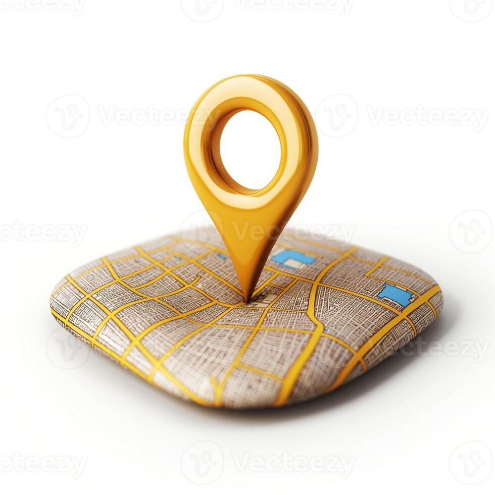 A shiny yellow location pin sits atop a stylized map, symbolizing navigation and connectivity. photo