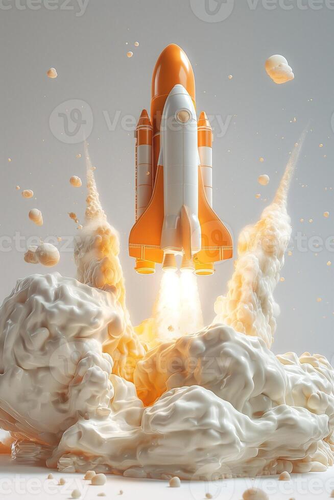 A vibrant orange and white rocket blasts off with dynamic smoke and explosion effects, creating an energetic and futuristic scene. photo
