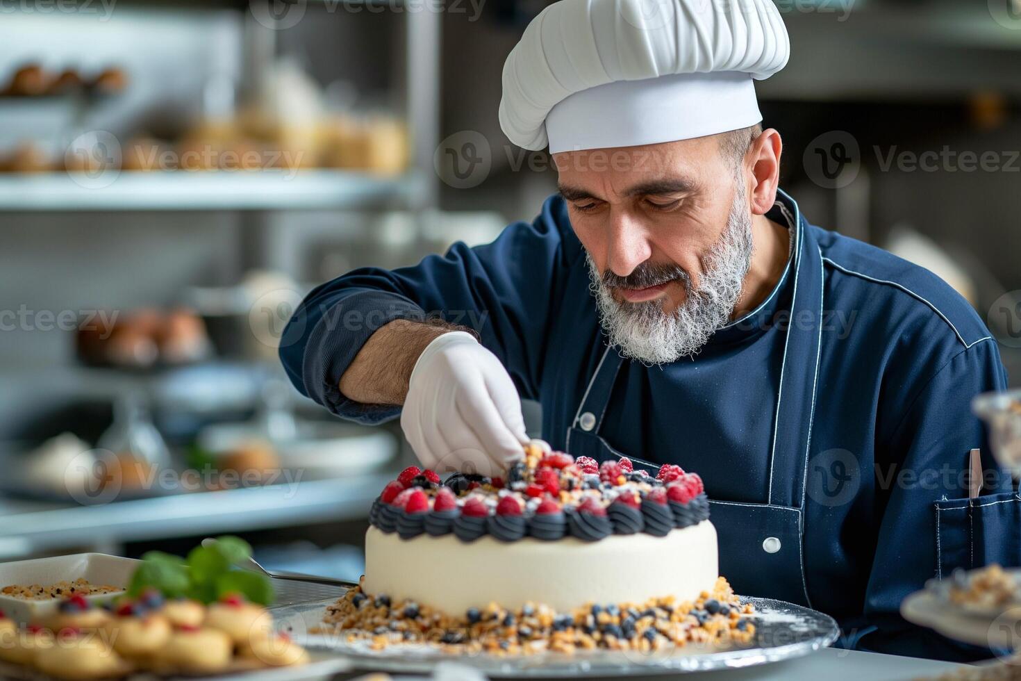 A male pastry chef decorating a delicious cake with fresh berries in a modern bakery. photo