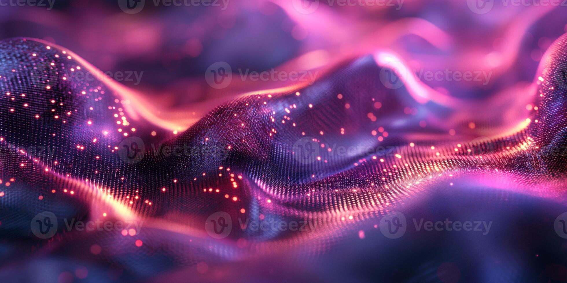 A mesmerizing abstract representation of shimmering fabric waves with glowing particles in purple and pink hues. photo