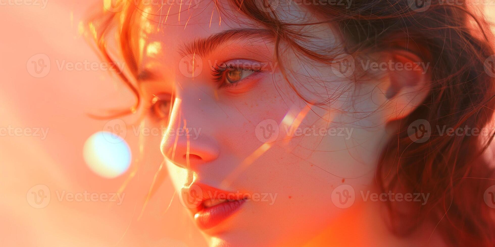Close-up of a beautiful young woman with delicate features and soft lighting, evoking warmth and tranquility. photo