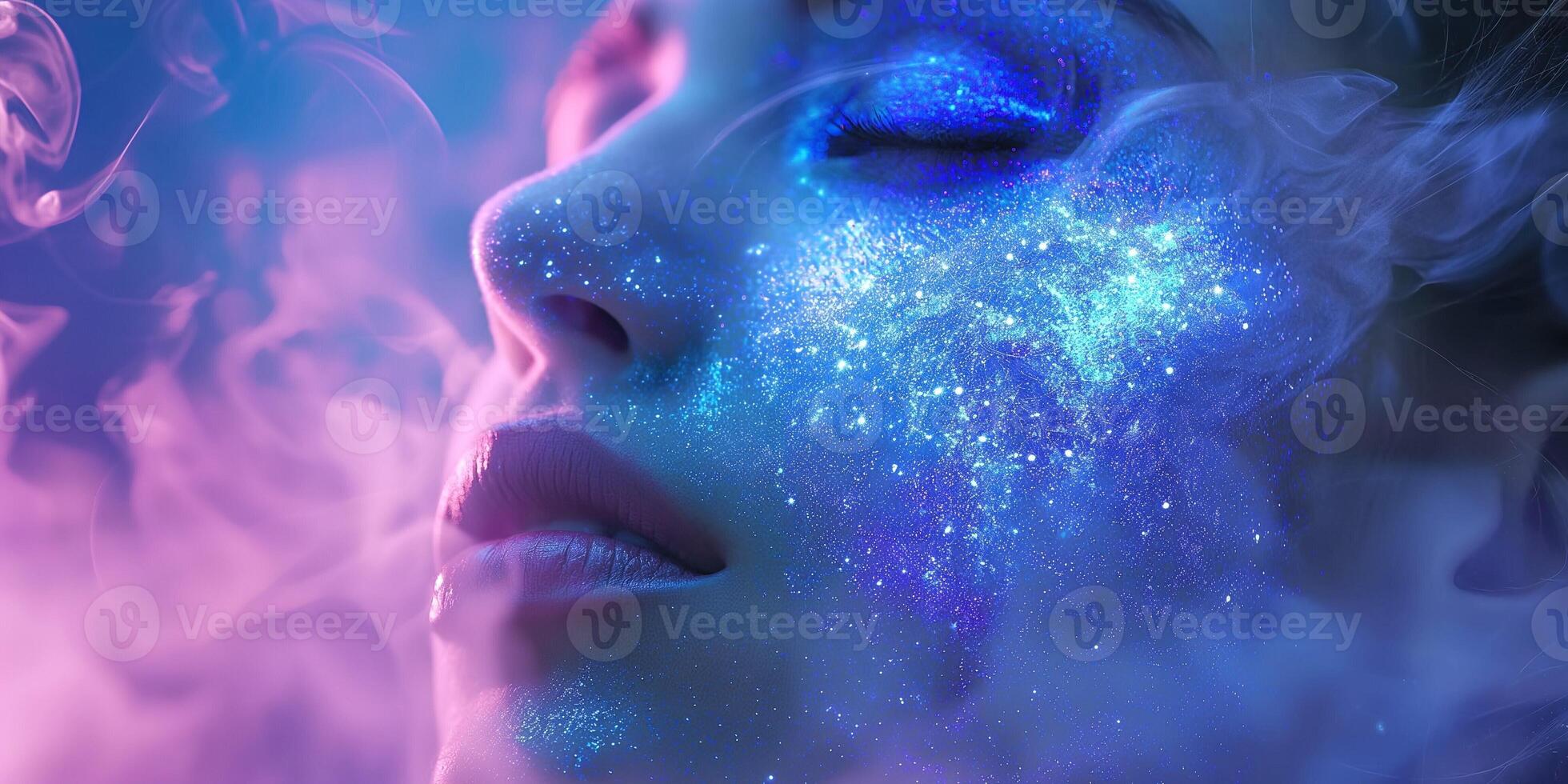 A woman with a celestial face adorned with shimmering sparkles, enhanced by a dreamy, smoky atmosphere. photo