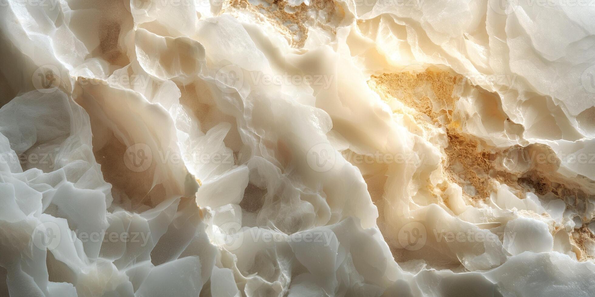 Close-up of a beautifully textured white onyx stone with intricate patterns and soft golden hues. photo