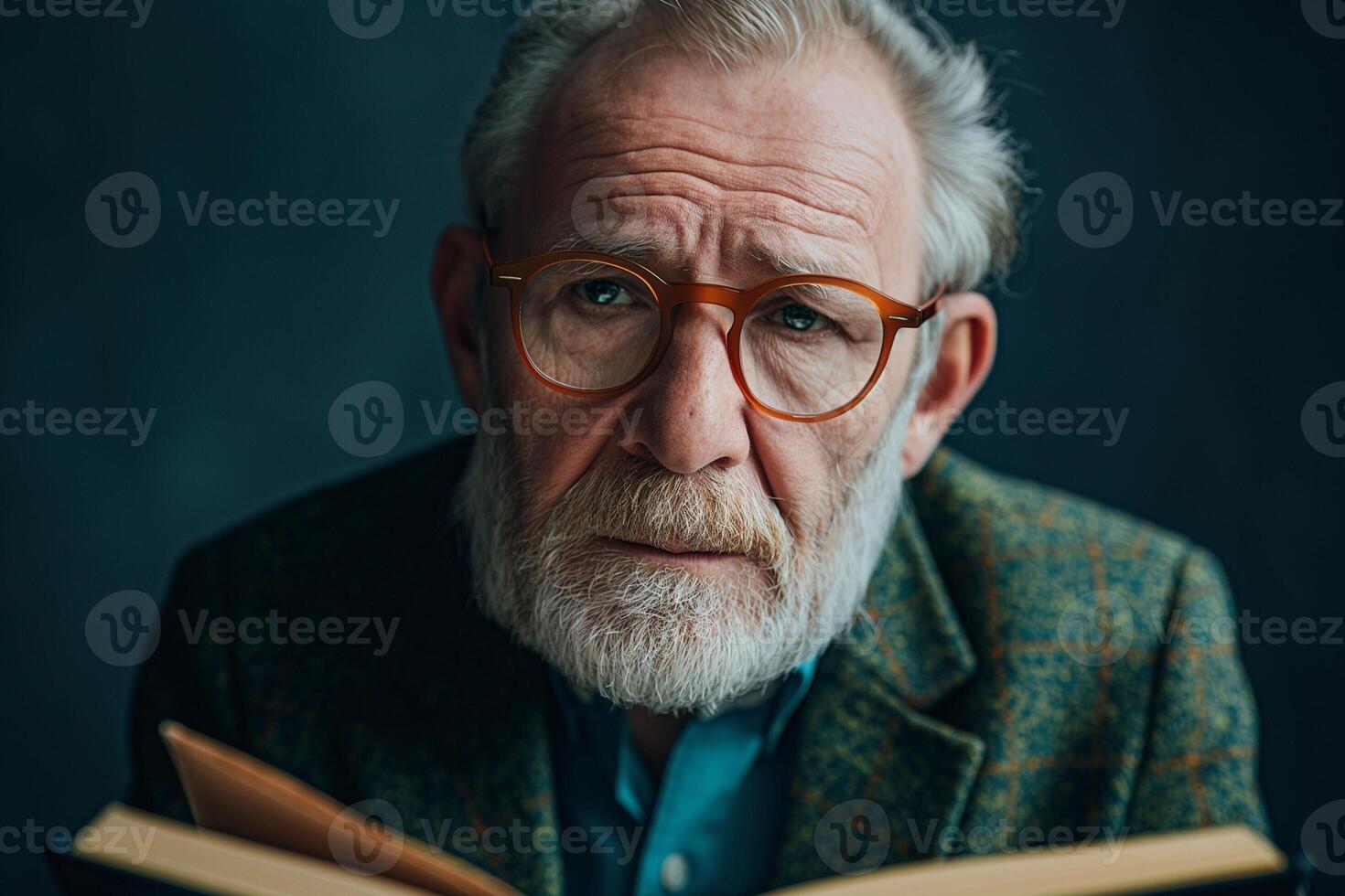 Elderly Caucasian man with a thoughtful expression, wearing glasses and a textured blazer, holding a book in a dimly lit setting. photo