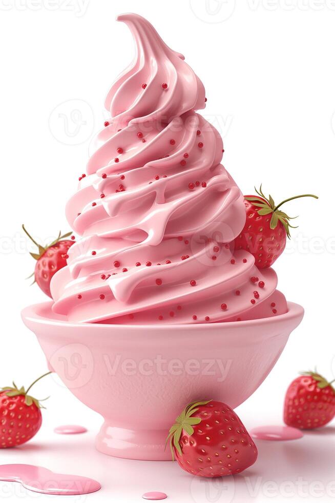 A delightful swirl of pink strawberry soft serve ice cream topped with fresh strawberries and colorful sprinkles. photo