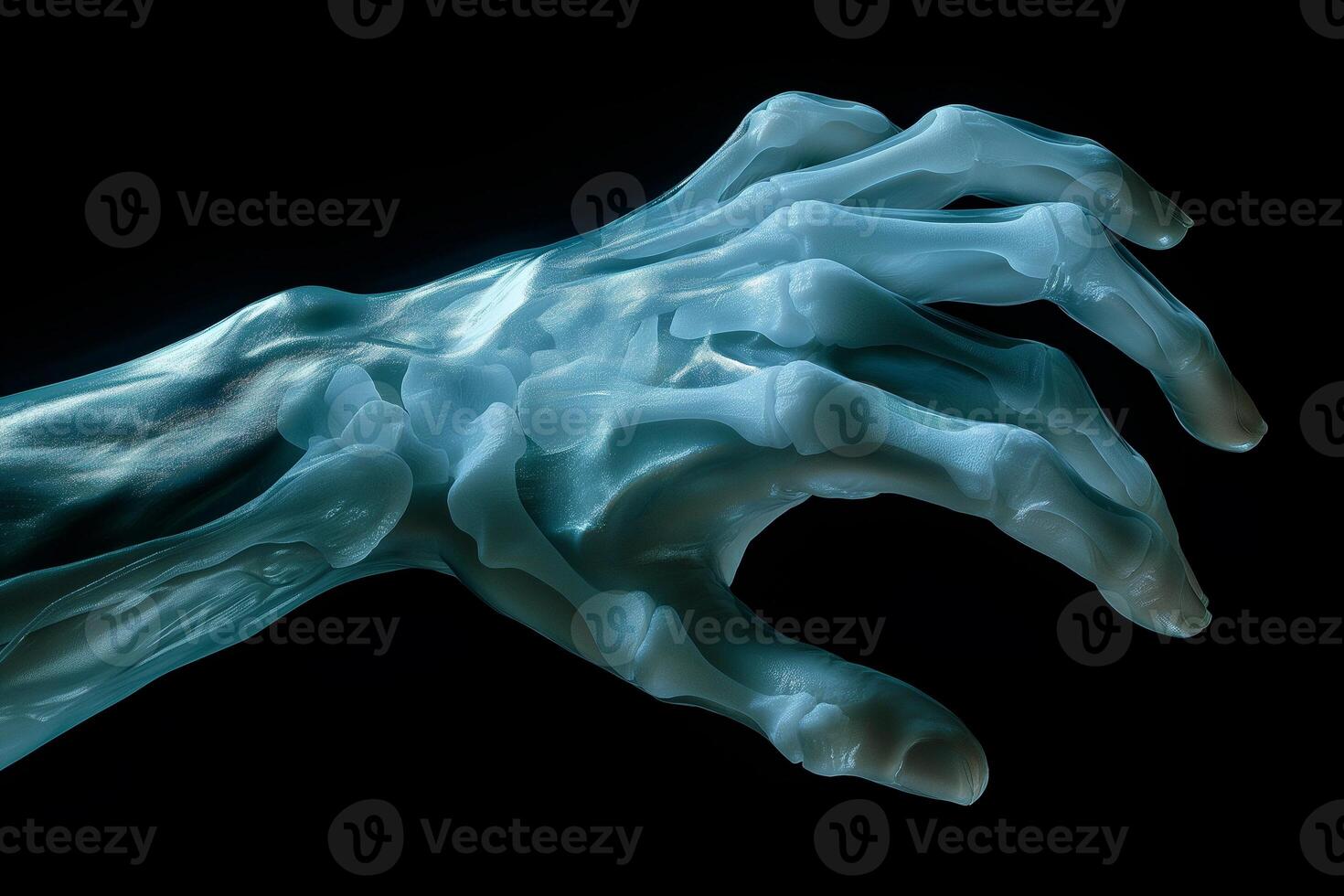 An ethereal, translucent blue hand reaching out, highlighting intricate bone structures against a dark backdrop. photo