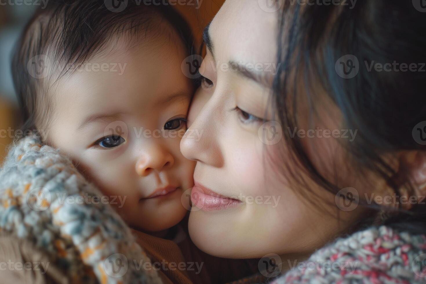 A nurturing Asian mother gently embraces her adorable baby, both smiling softly in a warm and loving atmosphere. photo