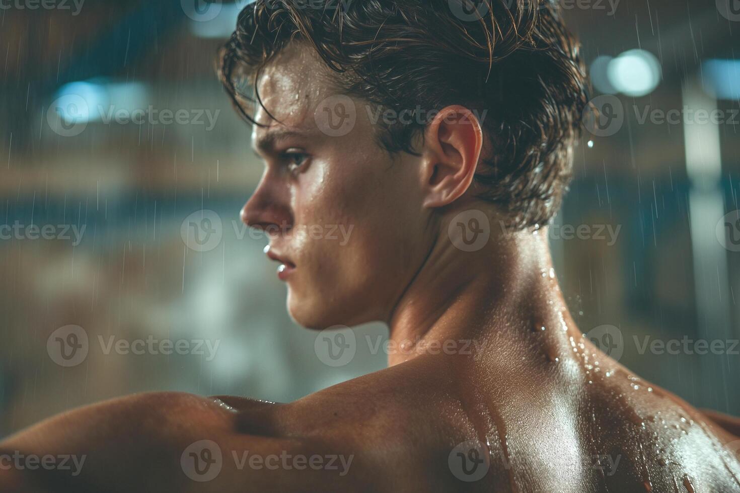 A young Caucasian male flexes his muscular back in a rain-soaked environment, showcasing determination and strength. photo