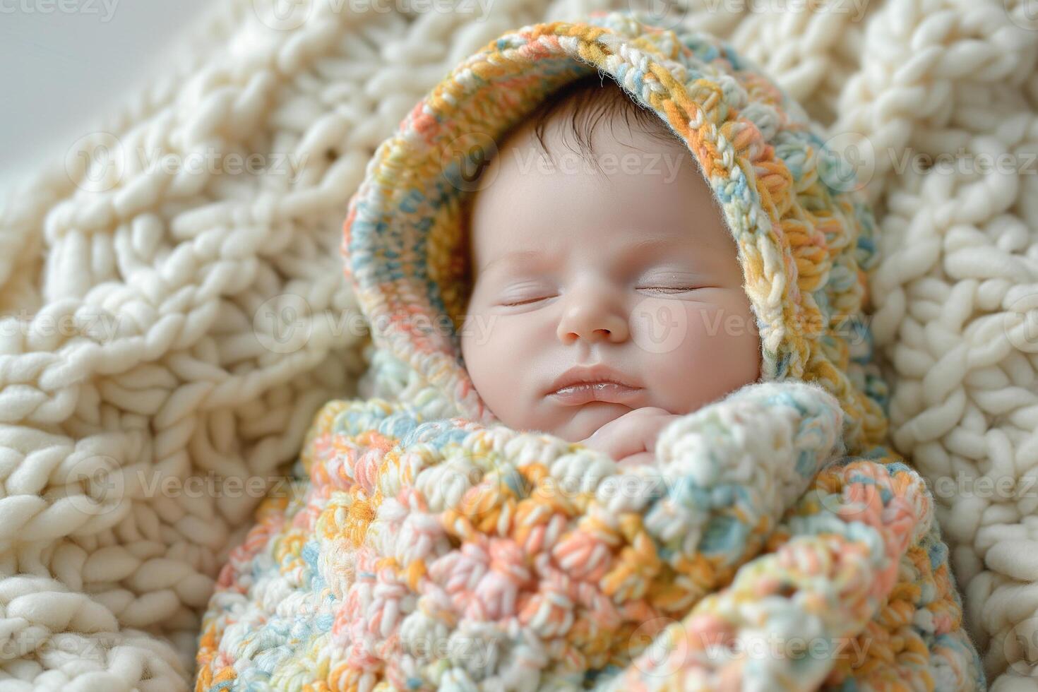 A peaceful sleeping baby girl wrapped in a colorful knitted blanket, exuding warmth and tranquility. photo