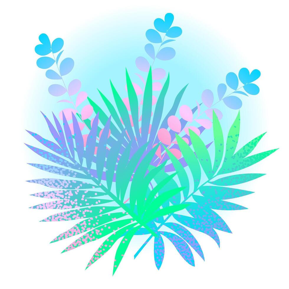 Tropical bouquet, palm leaves. Color and grainy gradient. Great for decorating invitations, backgrounds, textiles, packaging. vector
