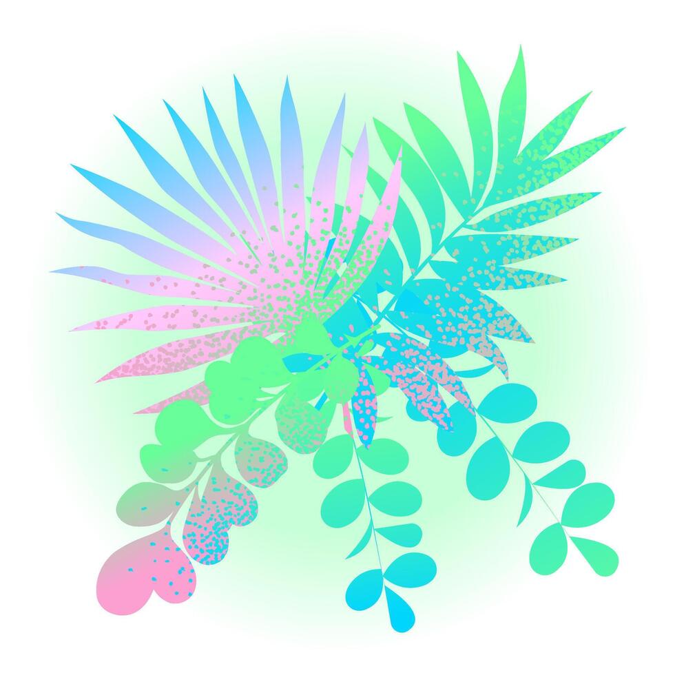 Colorful leaves with gradient filling and grainy texture. Tropical pattern for textiles, packaging, invitations, postcards and decoration of goods. vector