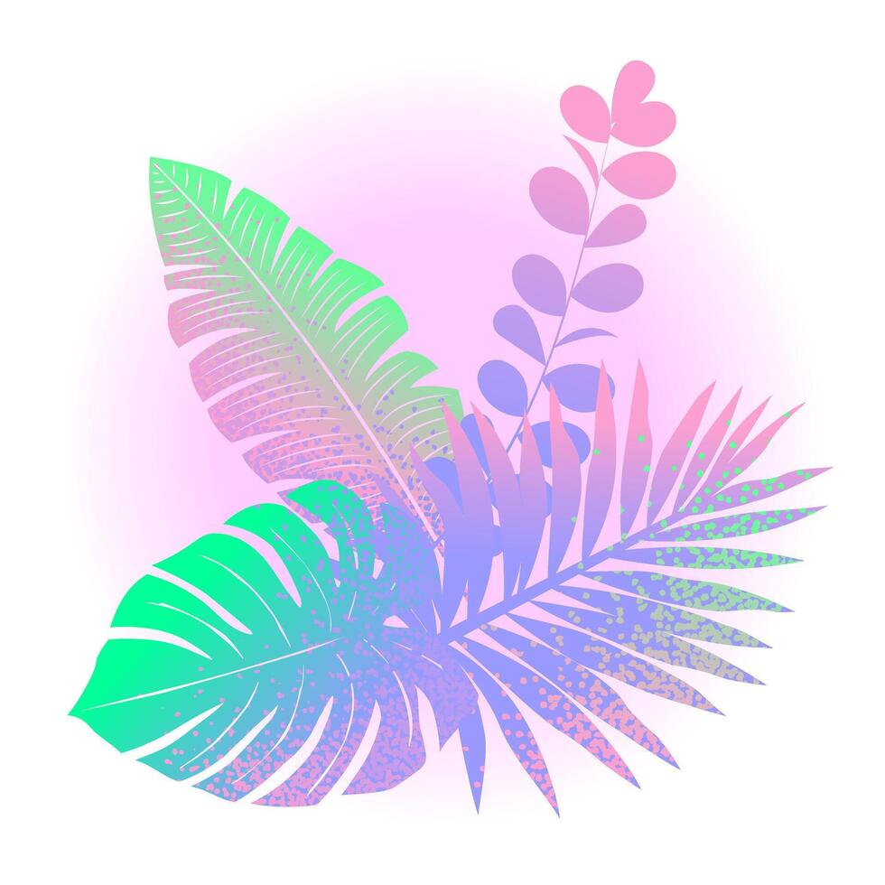Tropical leaf bouquet. Exotic botanical pattern with a grainy gradient. Ideal for decorating invitations, backgrounds, textiles, packaging. vector
