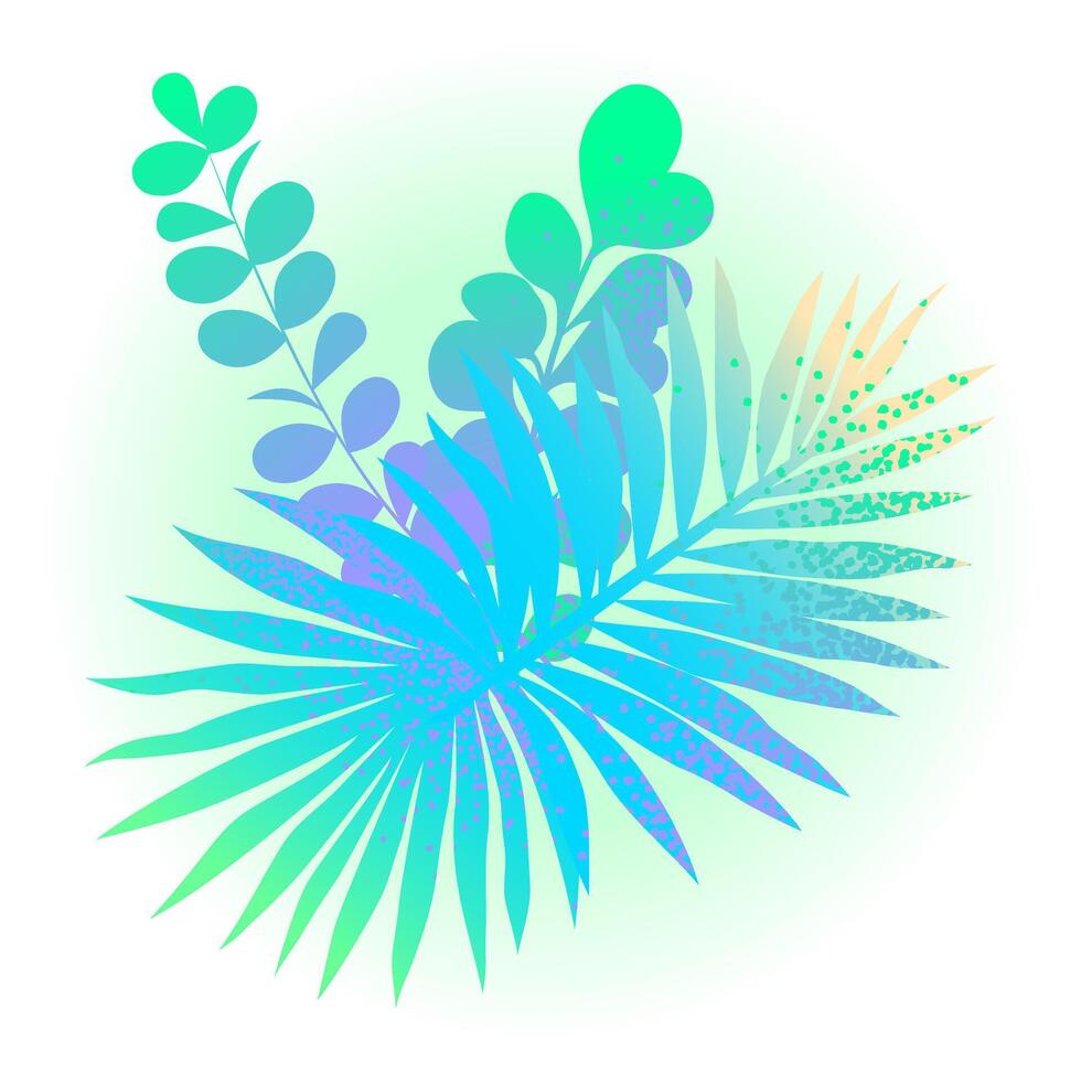Bouquet of abstract tropical leaves. Colorful grainy gradient. Perfect for textiles, packaging, invitations, postcards. vector