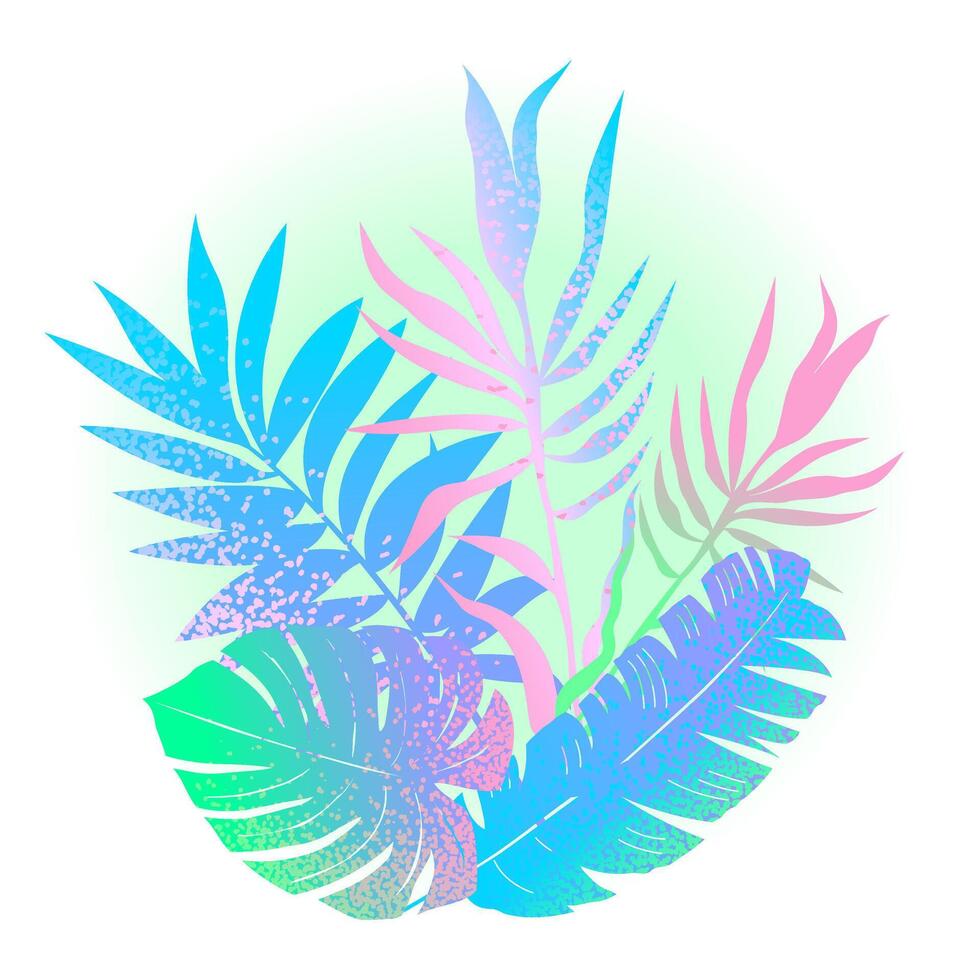 Tropical leaves, sprigs with grainy gradient. Ideal for decorating invitations, backgrounds, textiles, packaging. vector