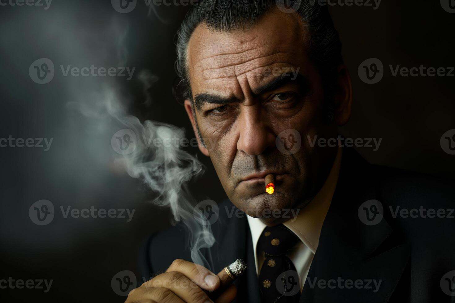 A serious middle-aged man of Mediterranean descent, smoking a cigar, exuding a powerful, intense vibe. photo