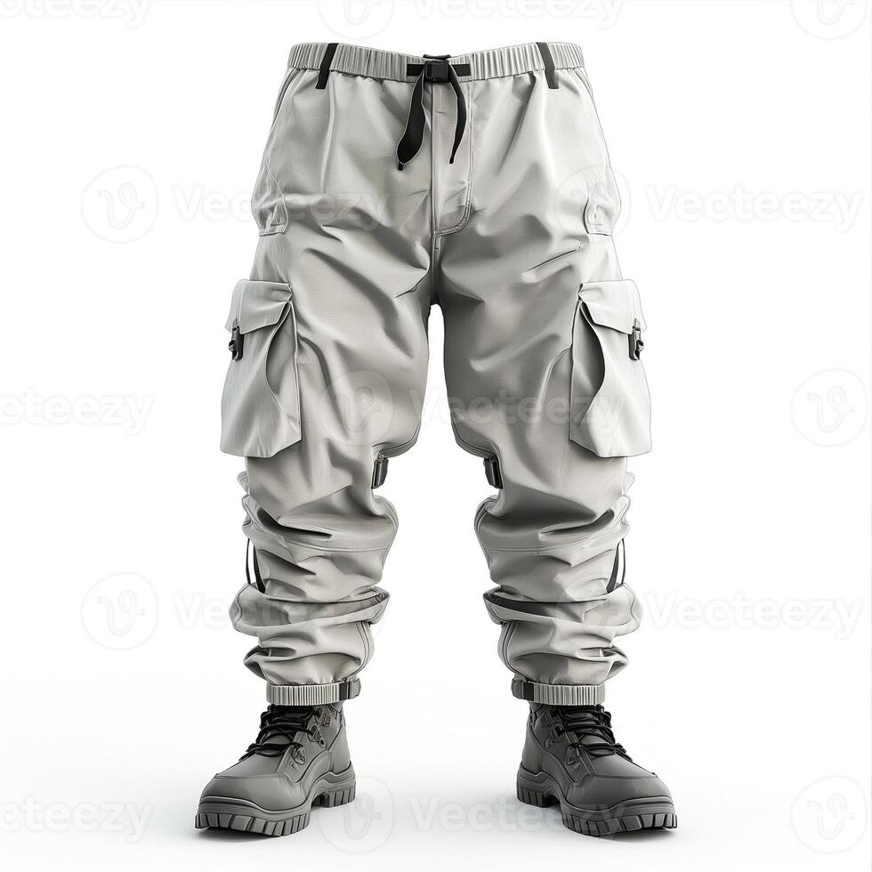 Stylish gray cargo pants with side pockets and rugged boots, perfect for outdoor adventures. photo