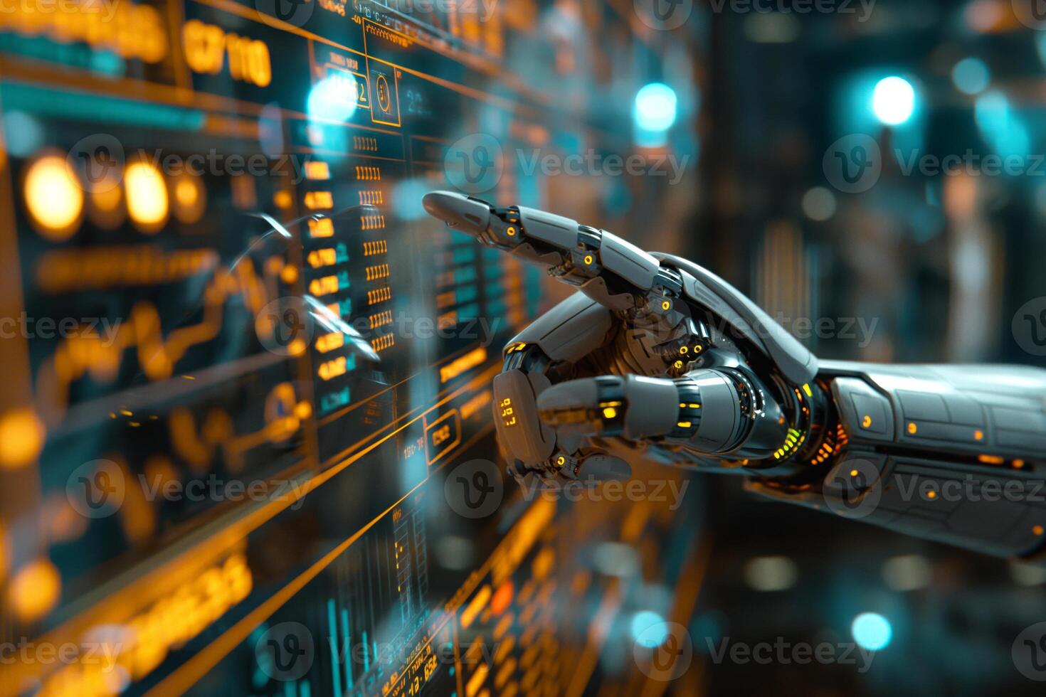 A futuristic robotic hand interacts with a digital interface, showcasing advanced technology and innovation. photo
