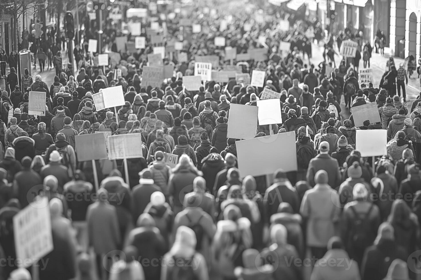 A large crowd of diverse individuals participate in a passionate protest, holding up various signs in a city street. photo