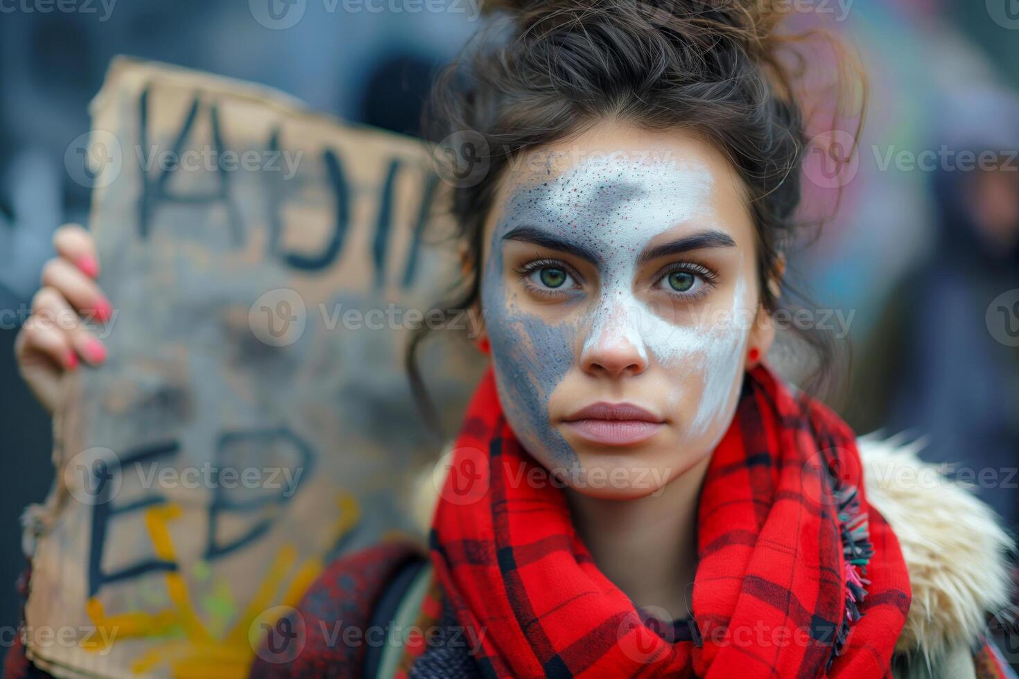 A young Caucasian woman with painted face poses at a protest, holding a sign, radiating determination and spirit. photo