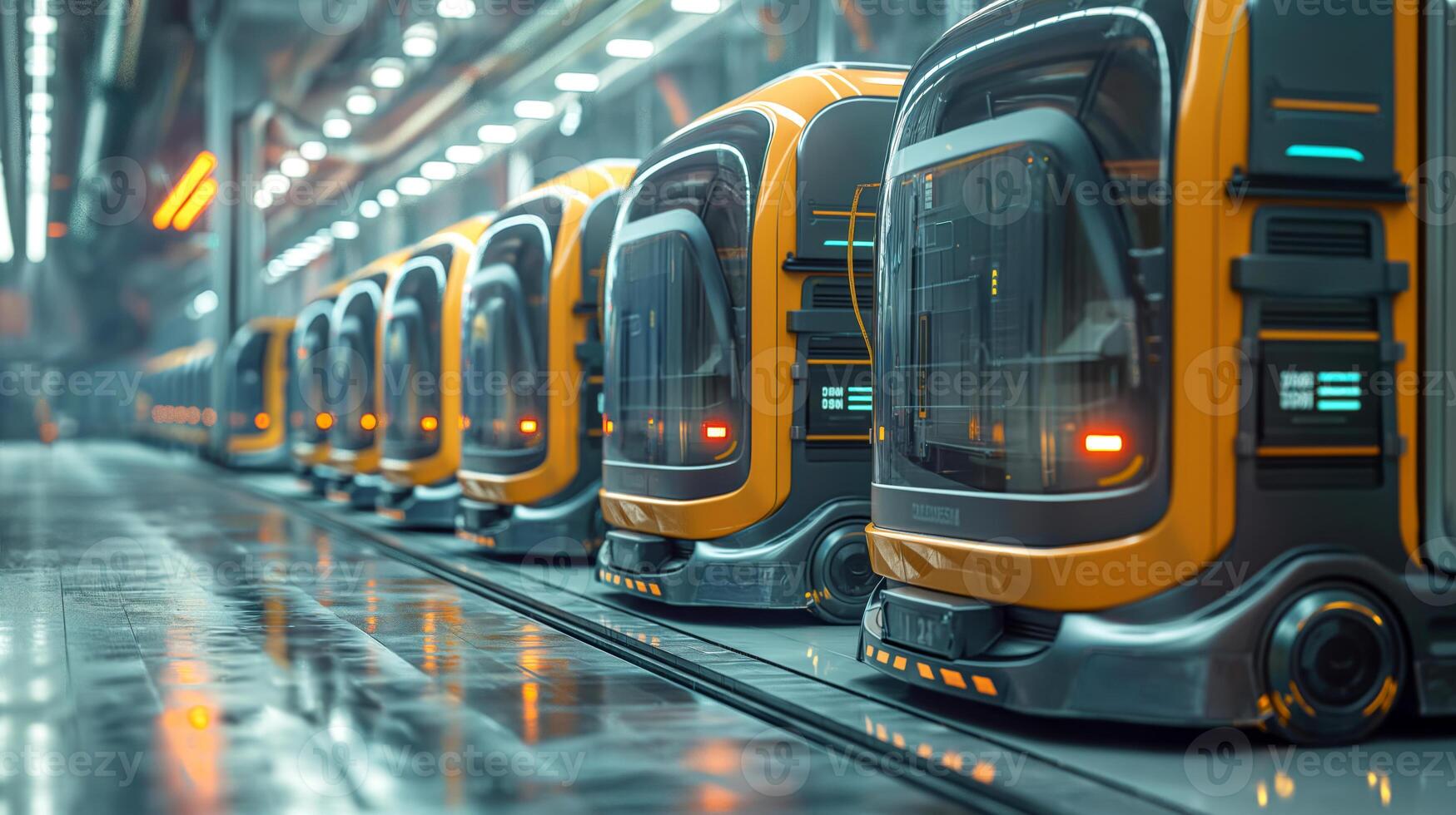 Futuristic automated vehicles in a high-tech warehouse, showcasing sleek design and advanced technology. photo