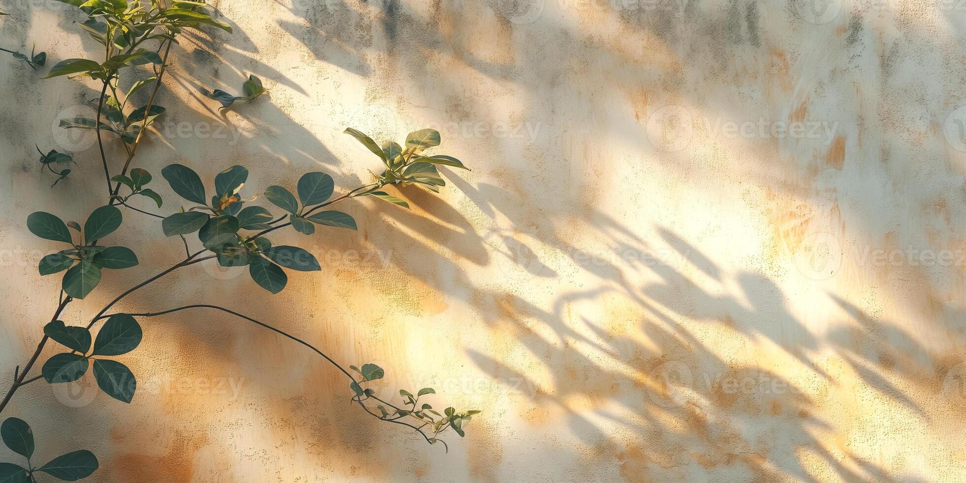 A delicate green branch casts beautiful shadows on a textured, sunlit wall, creating a serene ambiance. photo