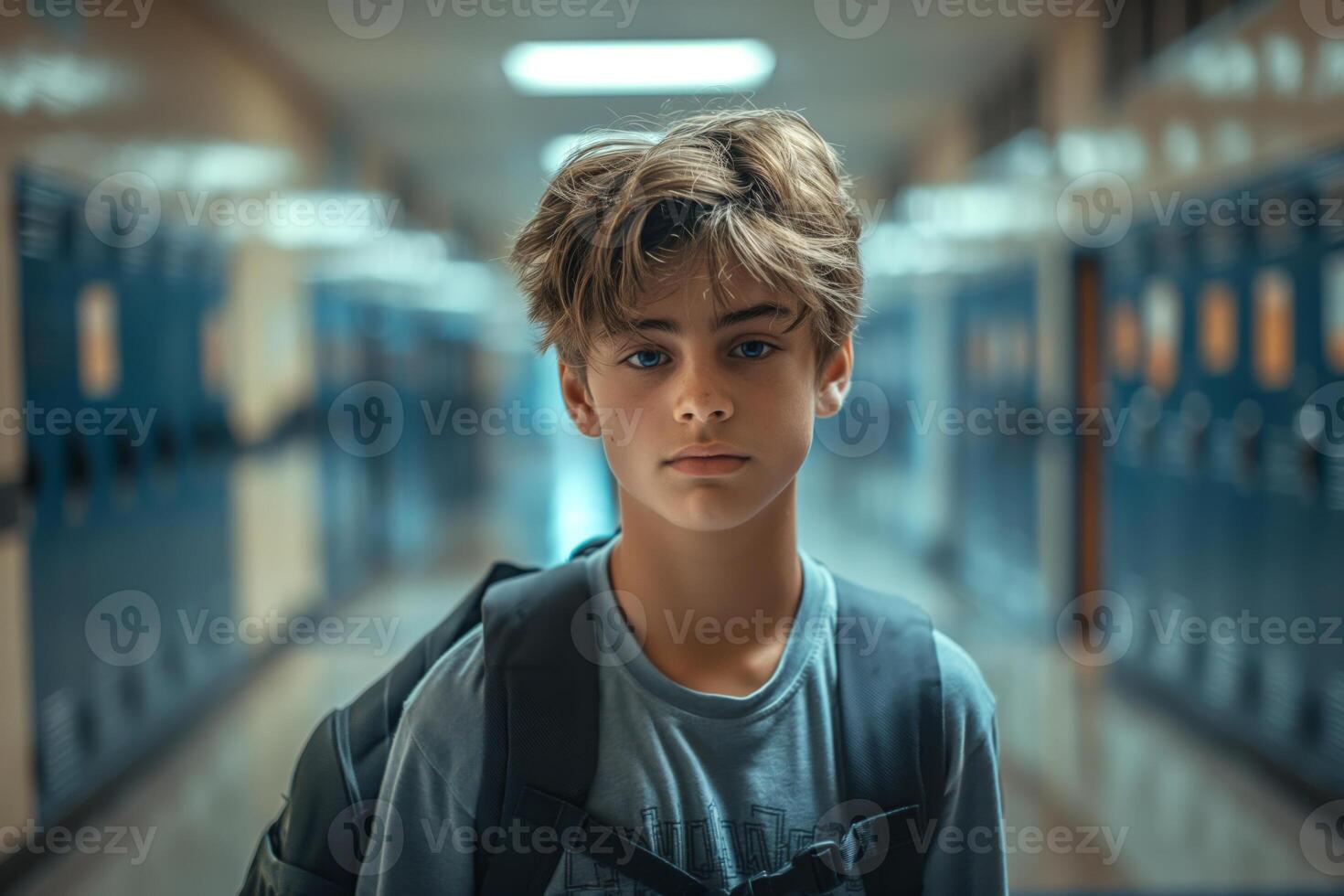 A young Caucasian boy with tousled hair stands in a school hallway, looking directly at the camera with a serious expression. photo