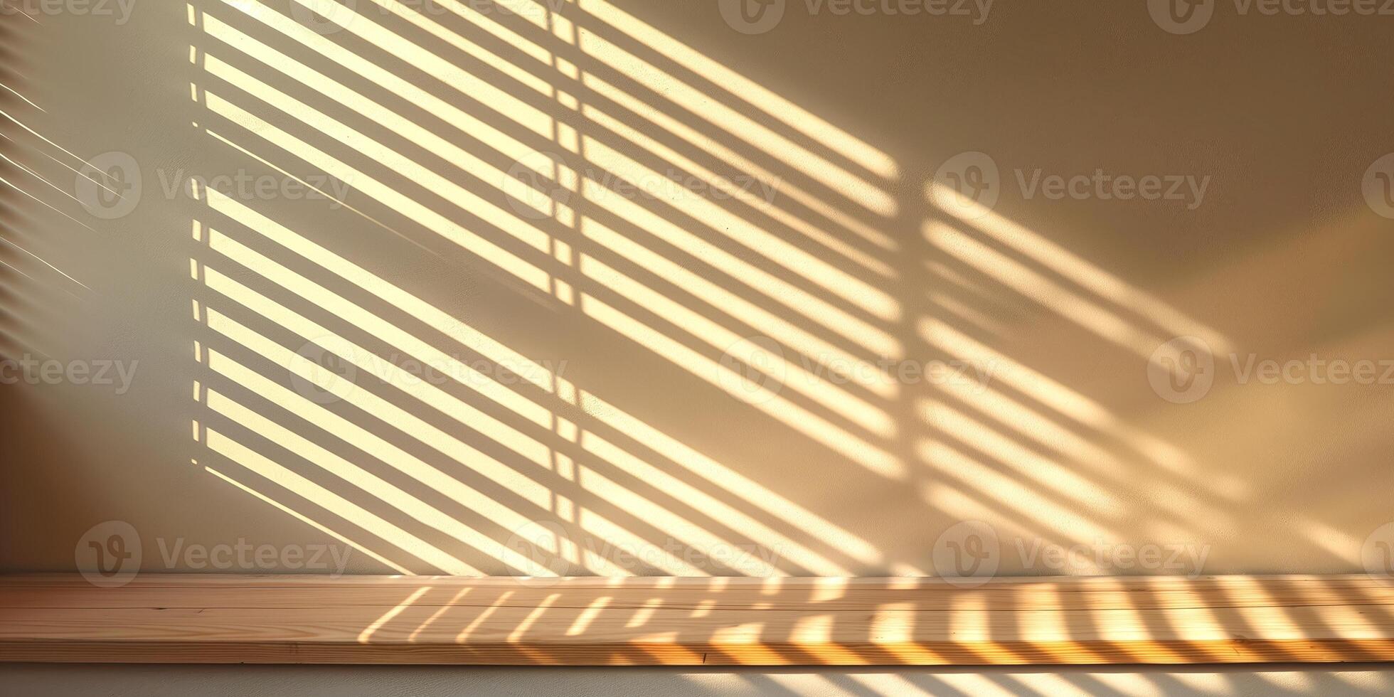 Gentle sunlight casting striped shadows across a wooden surface, creating a warm and inviting ambiance. photo