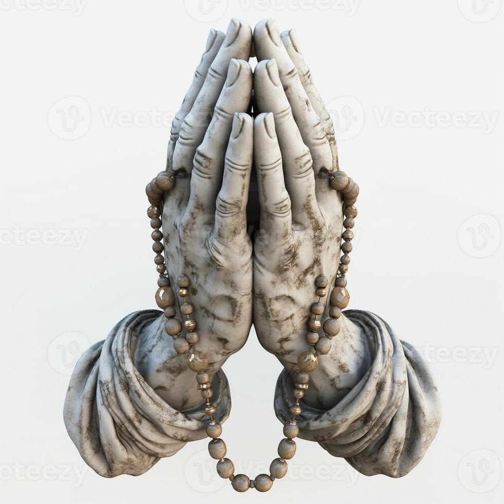 A pair of weathered hands in prayer, adorned with a wooden rosary, reflecting serenity and spirituality. photo