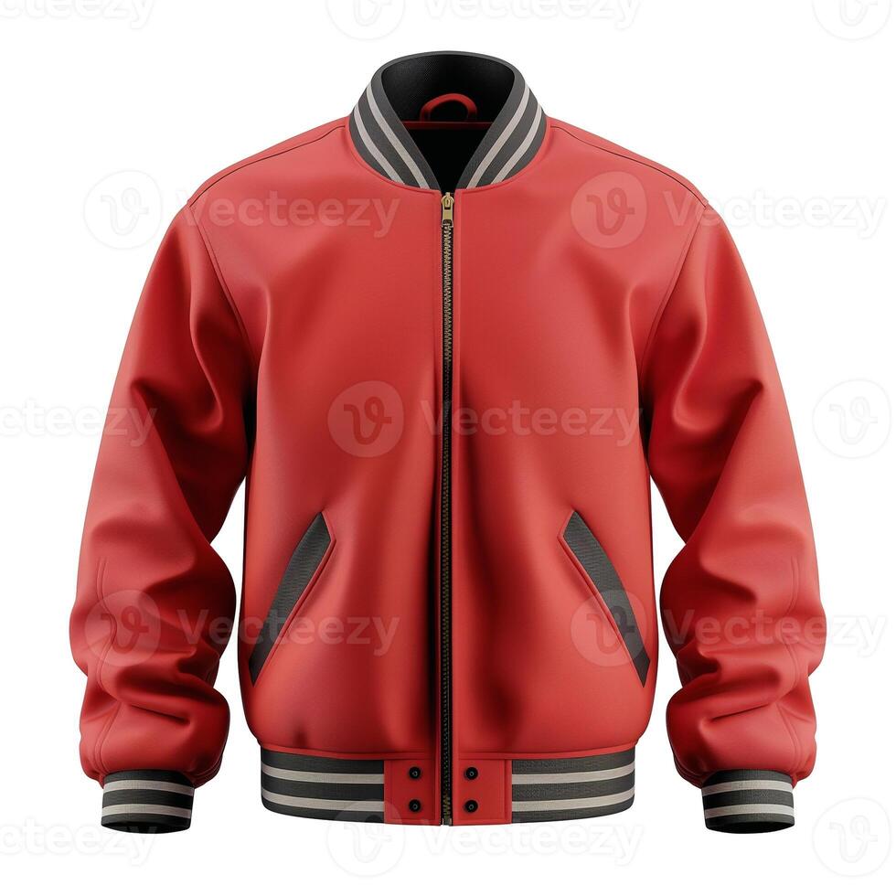 A vibrant red bomber jacket with striped accents, showcasing a stylish and sporty design. photo
