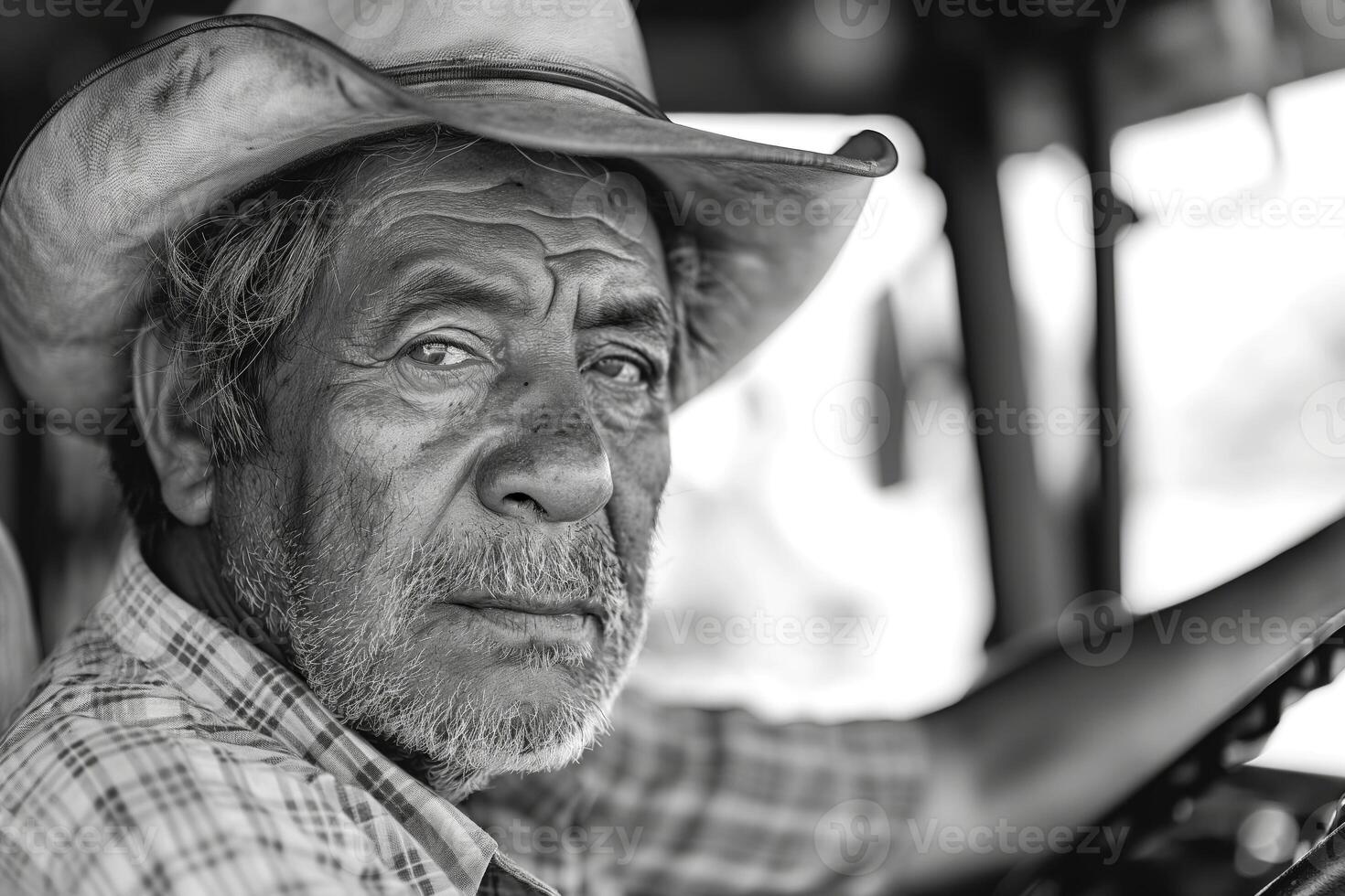 Older Hispanic man with weathered features wearing a wide-brimmed hat, gazing pensively from the driver's seat. photo