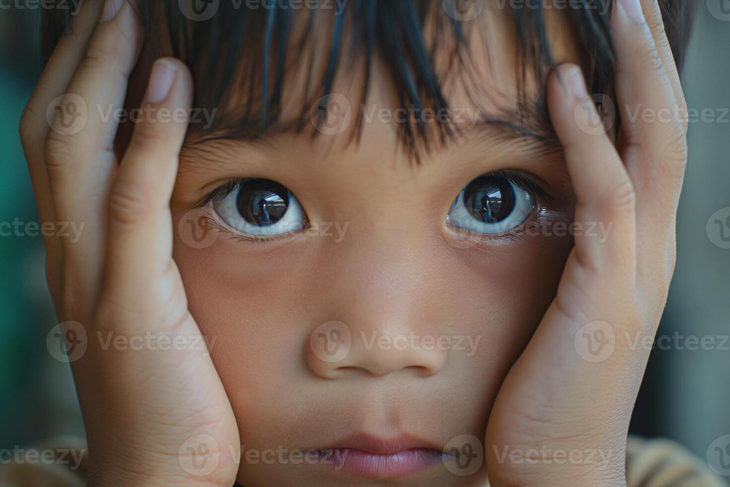 A young Asian boy displays an expression of concern, with hands on his face and wide, expressive eyes. photo