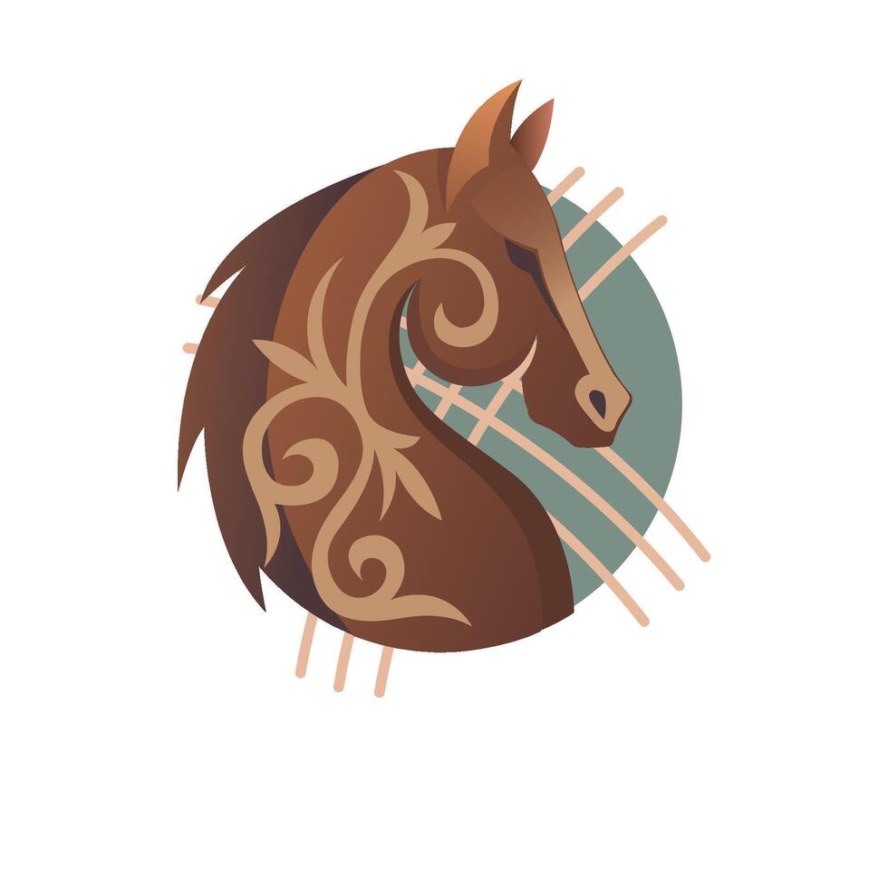 Kyrgyz ethnic horse illustration with intricate patterns and traditional swirls. Perfect for logos and cultural designs in a rustic, ornamental style. vector