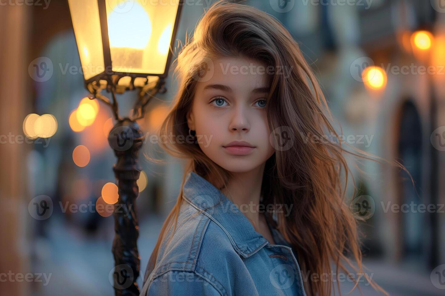 A young Caucasian woman with long, flowing hair stands by a streetlamp, exuding a serene and contemplative mood during early evening. photo