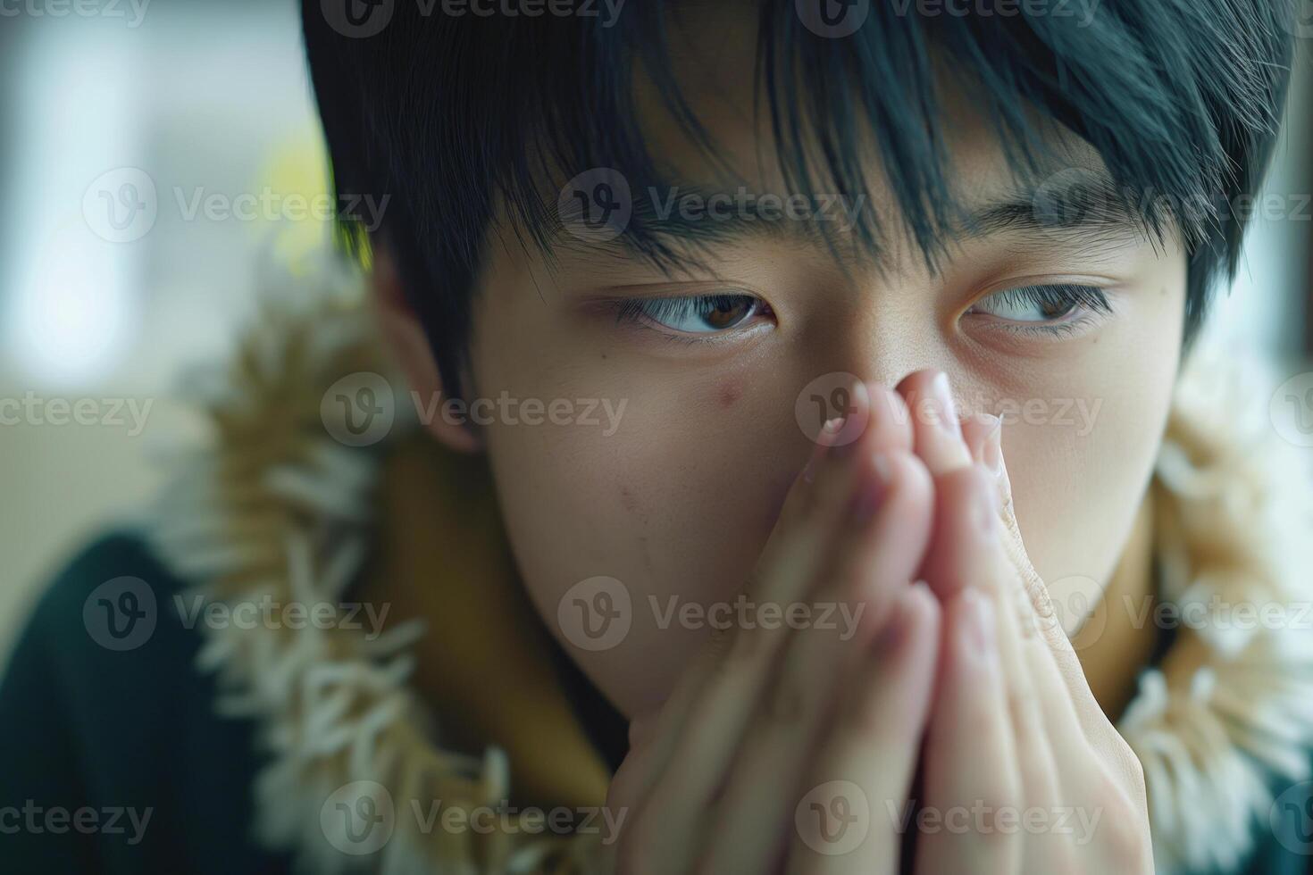 A pensive young Asian male, deep in thought, with hands clasped, capturing a moment of contemplation indoors. photo