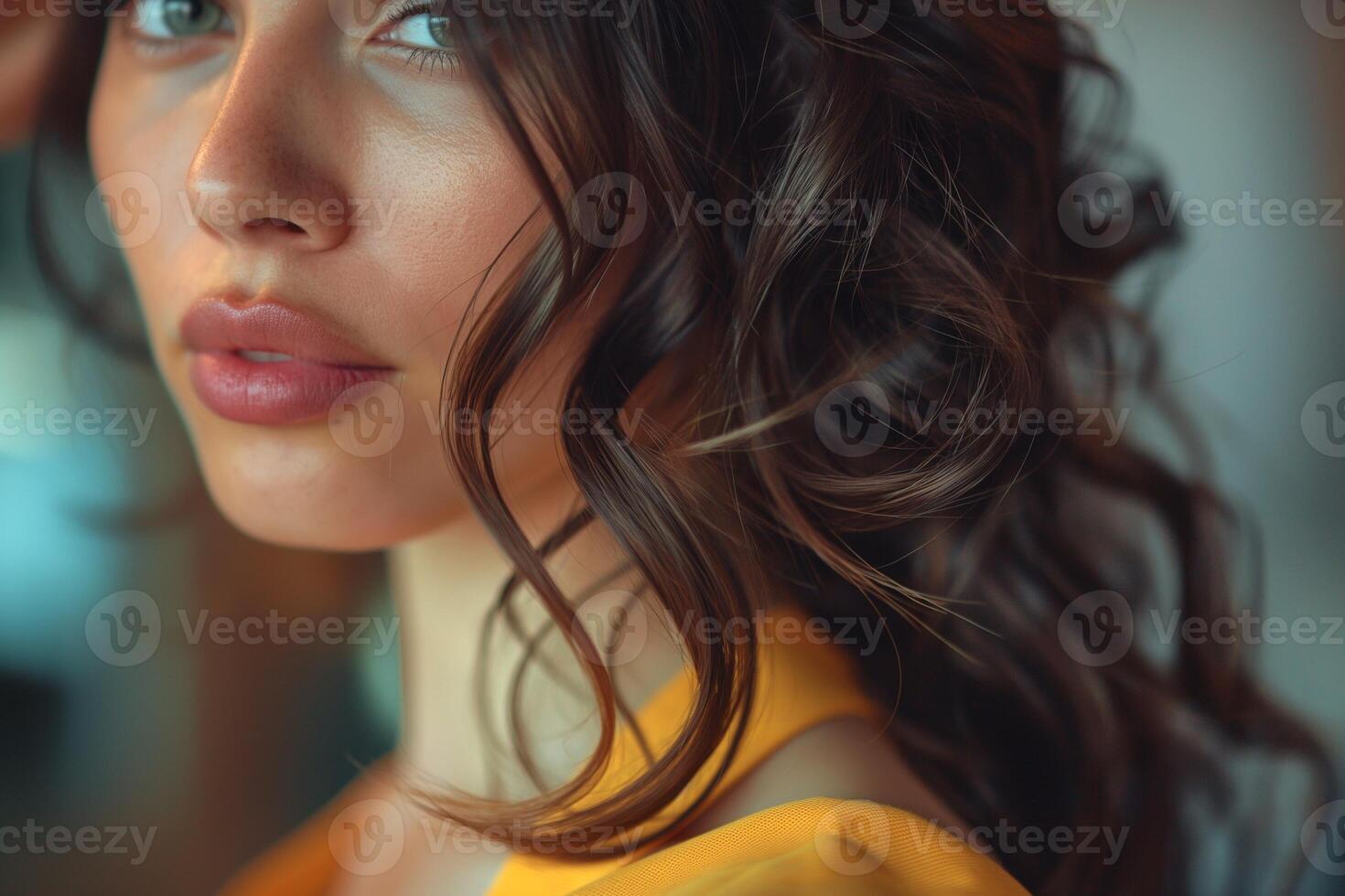 Close-up of a young Caucasian woman with wavy chestnut hair and a soft expression, wearing a vibrant yellow outfit. photo