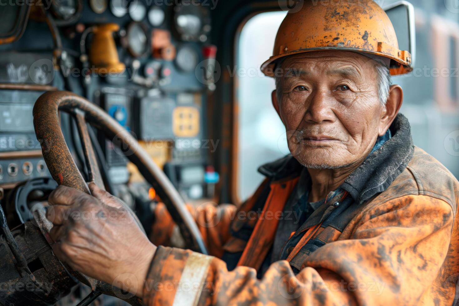 An elderly Asian male worker in an orange safety helmet, operating heavy machinery with a reflective expression. photo