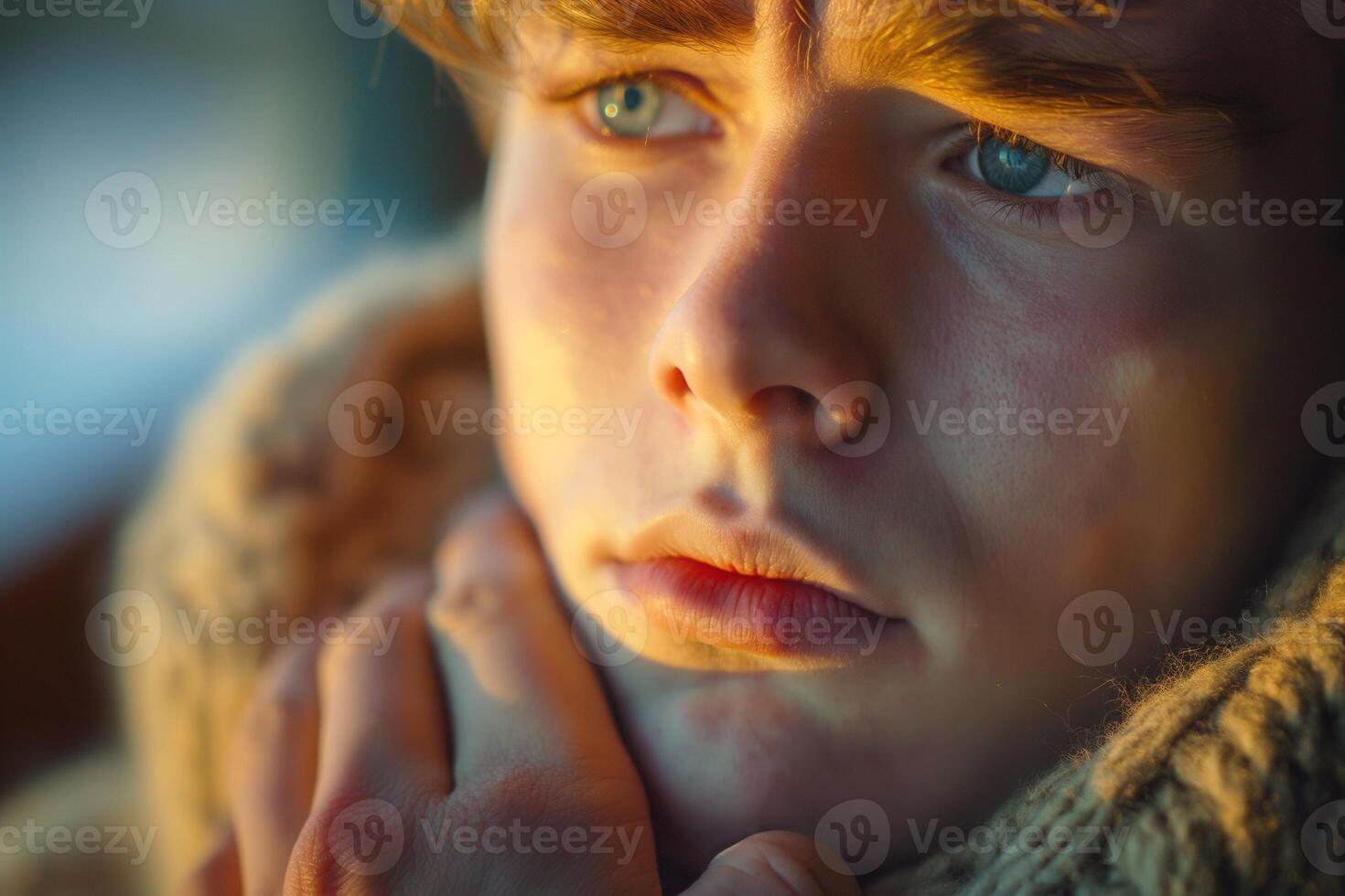 A thoughtful young male with blue eyes and fair skin gazes pensively, wrapped in a cozy sweater, bathed in warm sunlight. photo