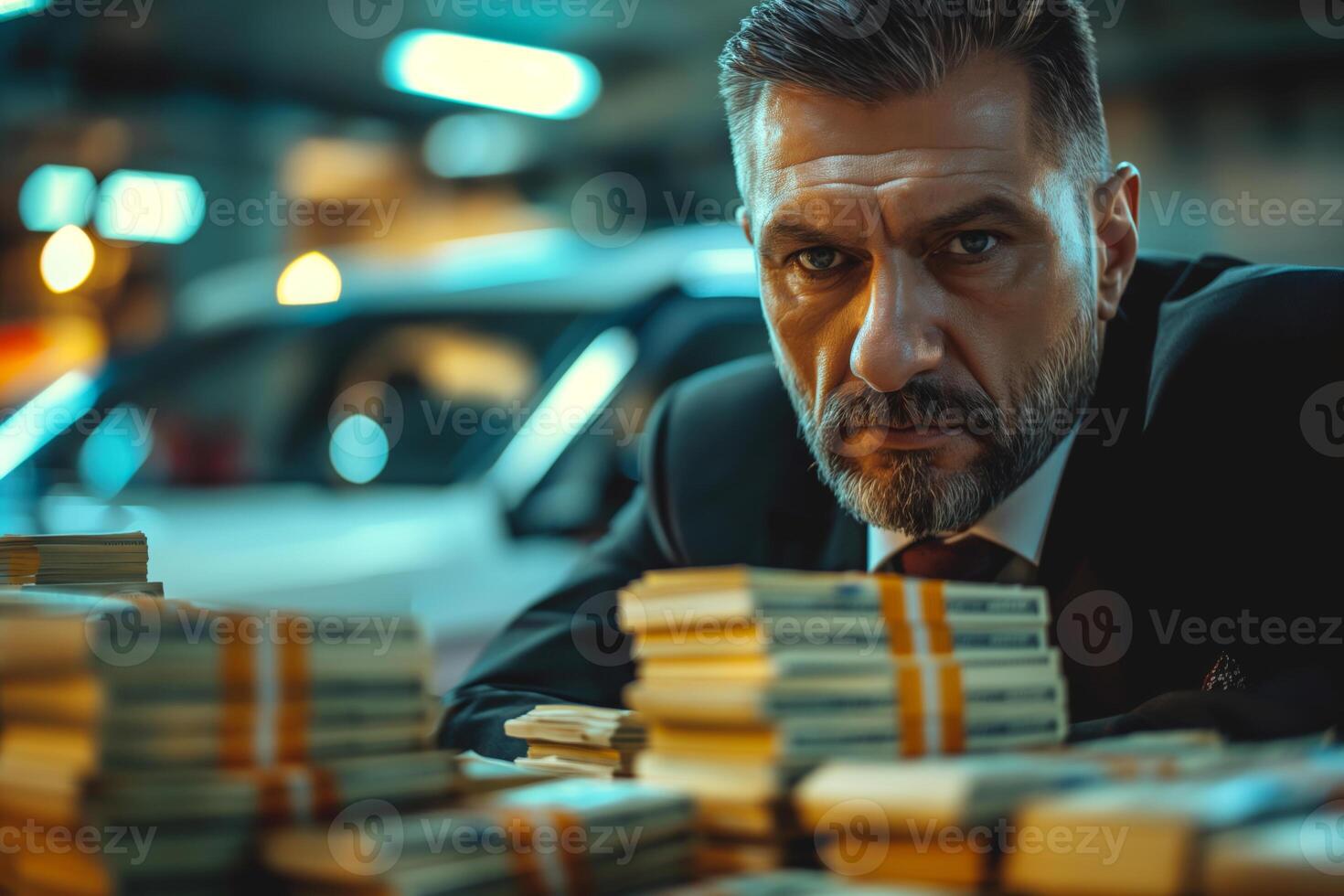 A serious Middle-Eastern man in a suit, surrounded by stacks of cash, exuding a powerful and intimidating presence. photo