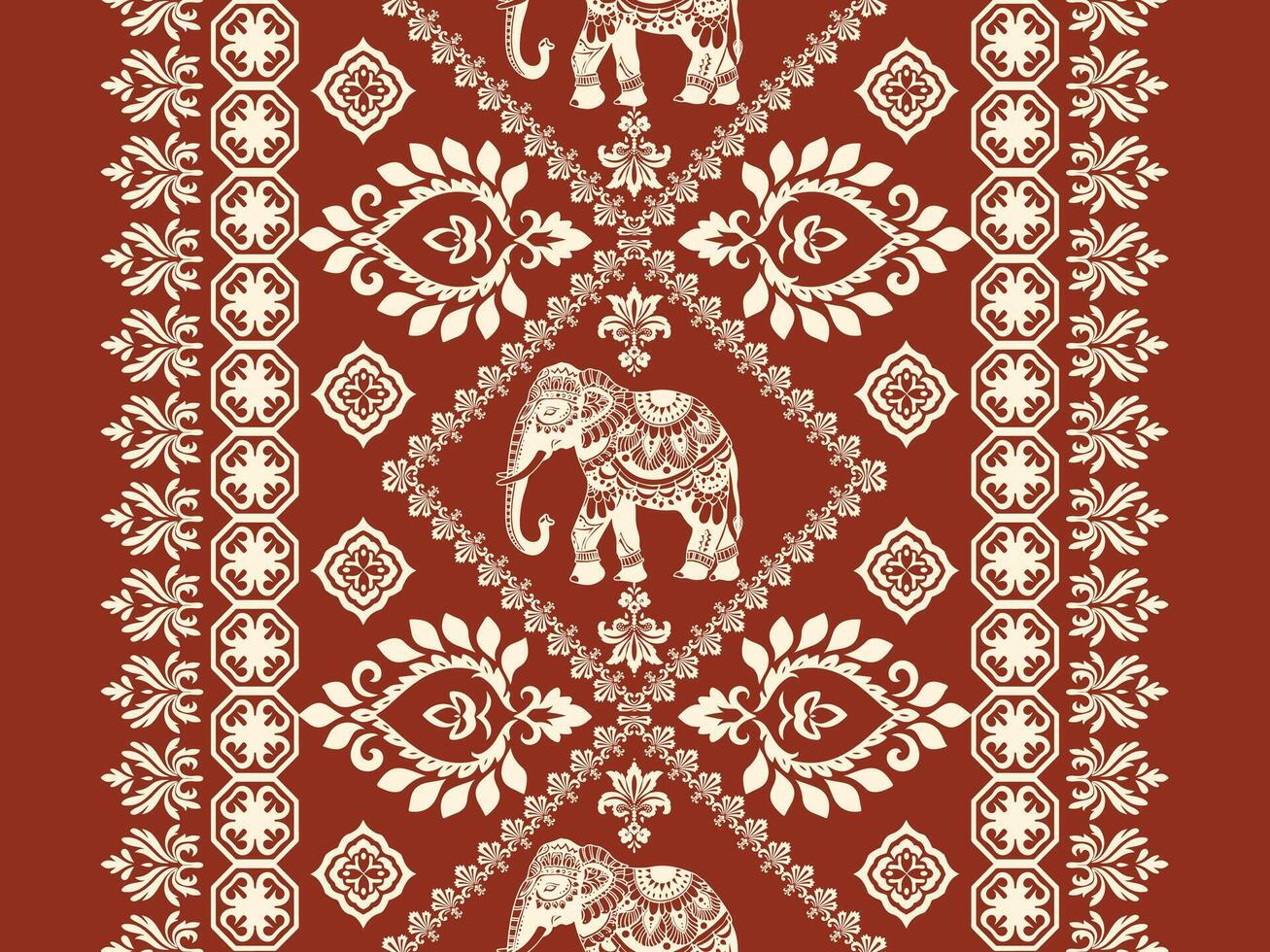 an ornate pattern with elephants on a red background vector