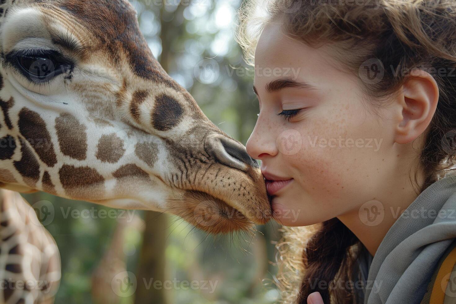 A young girl gently shares a tender moment with a giraffe, showcasing a unique connection in a lush, green environment. photo