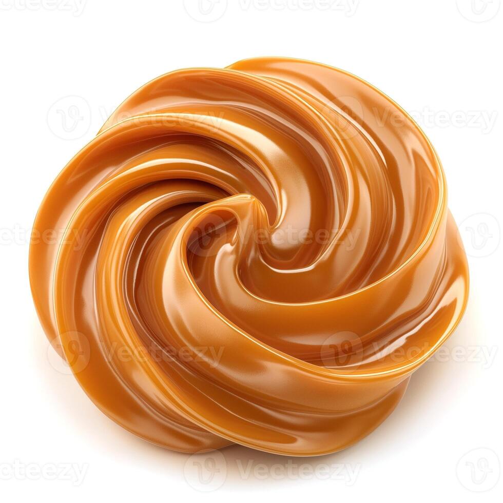 A swirl of smooth, golden caramel sauce on a clean white background. photo