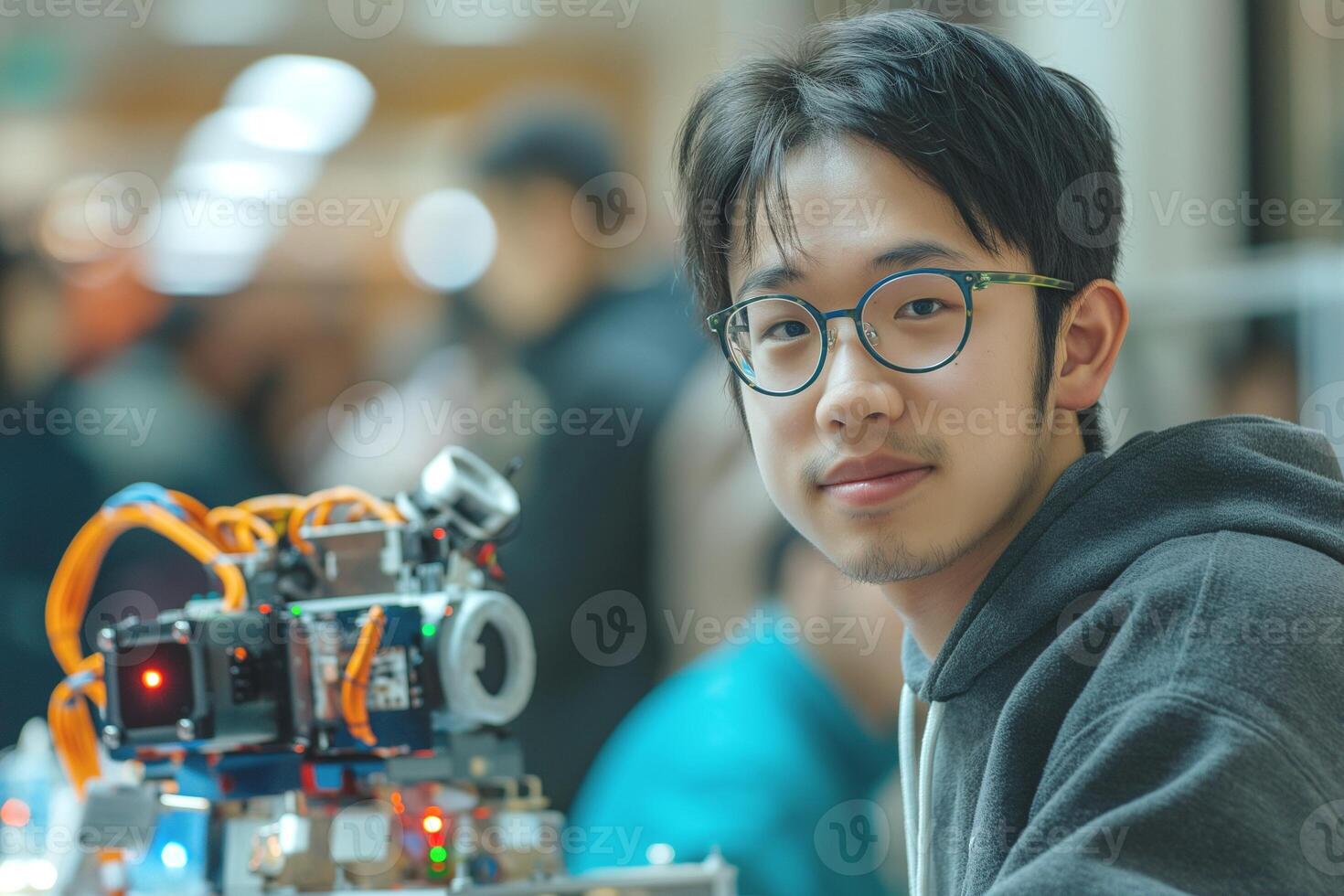 A young Asian male smiles while working on a robotics project at a technology exhibition. photo