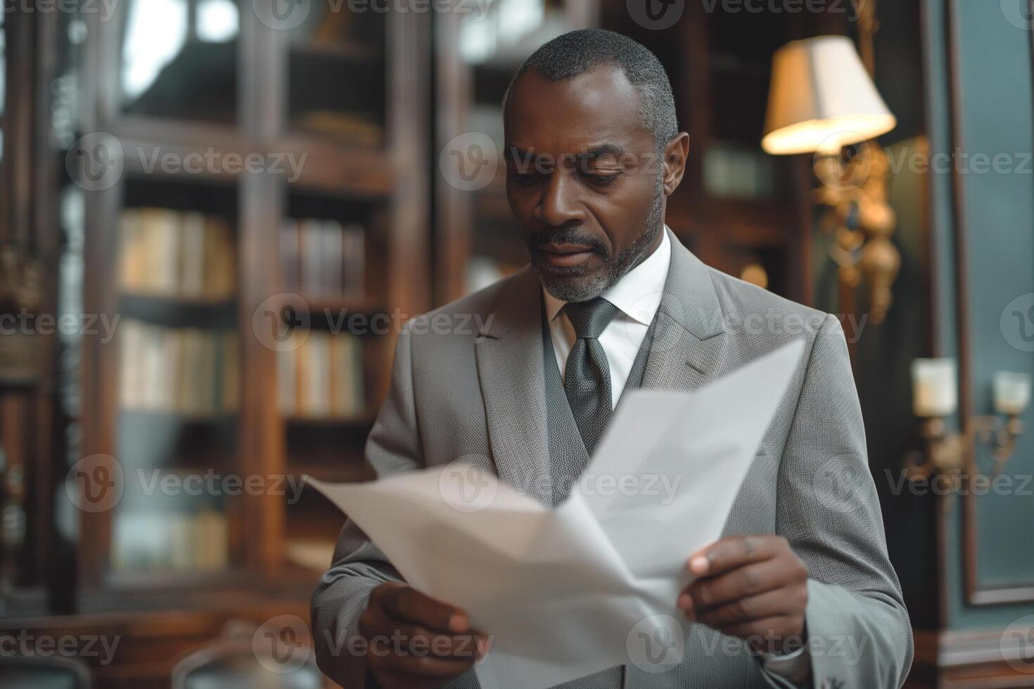 A middle-aged Black man in a tailored gray suit reads a document, reflecting deep concentration in a cozy library setting. photo