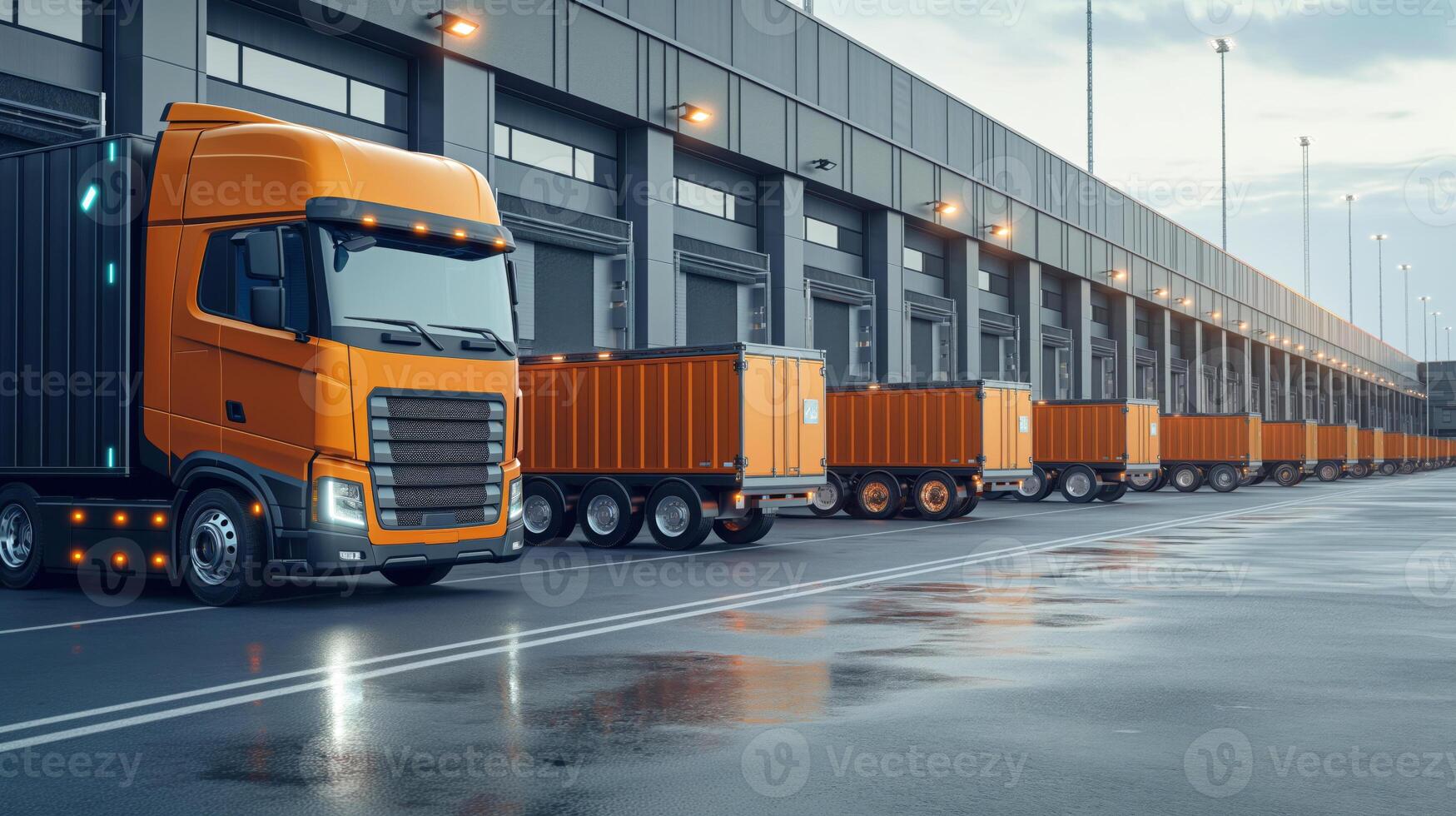 A fleet of orange heavy-duty trucks lined up at a modern warehouse loading dock. photo