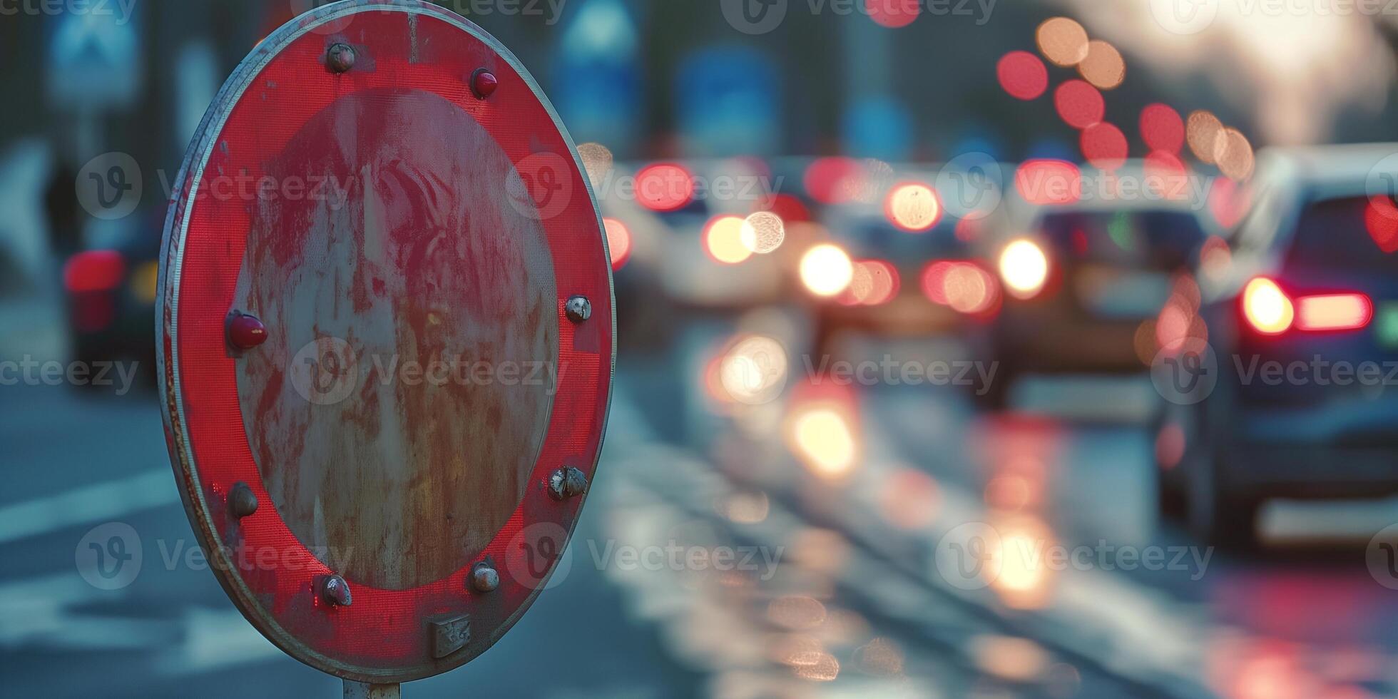 A weathered stop sign illuminated by car lights at dusk, creating a moody and vibrant city atmosphere. photo