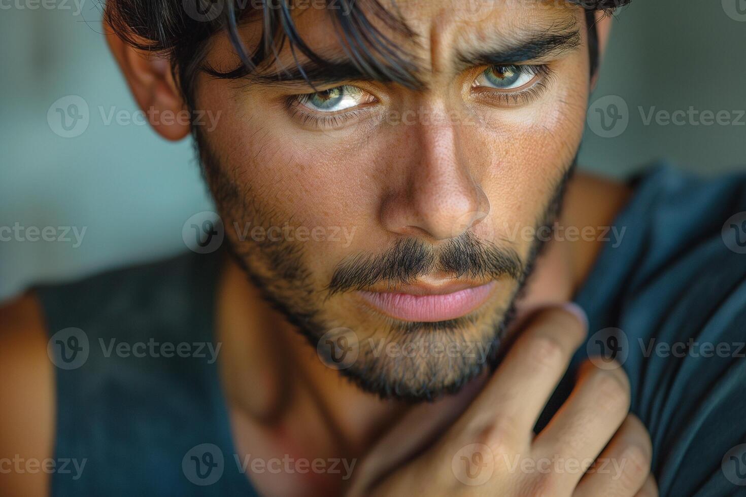 Close-up of a young Hispanic man with intense green eyes and a focused expression. photo