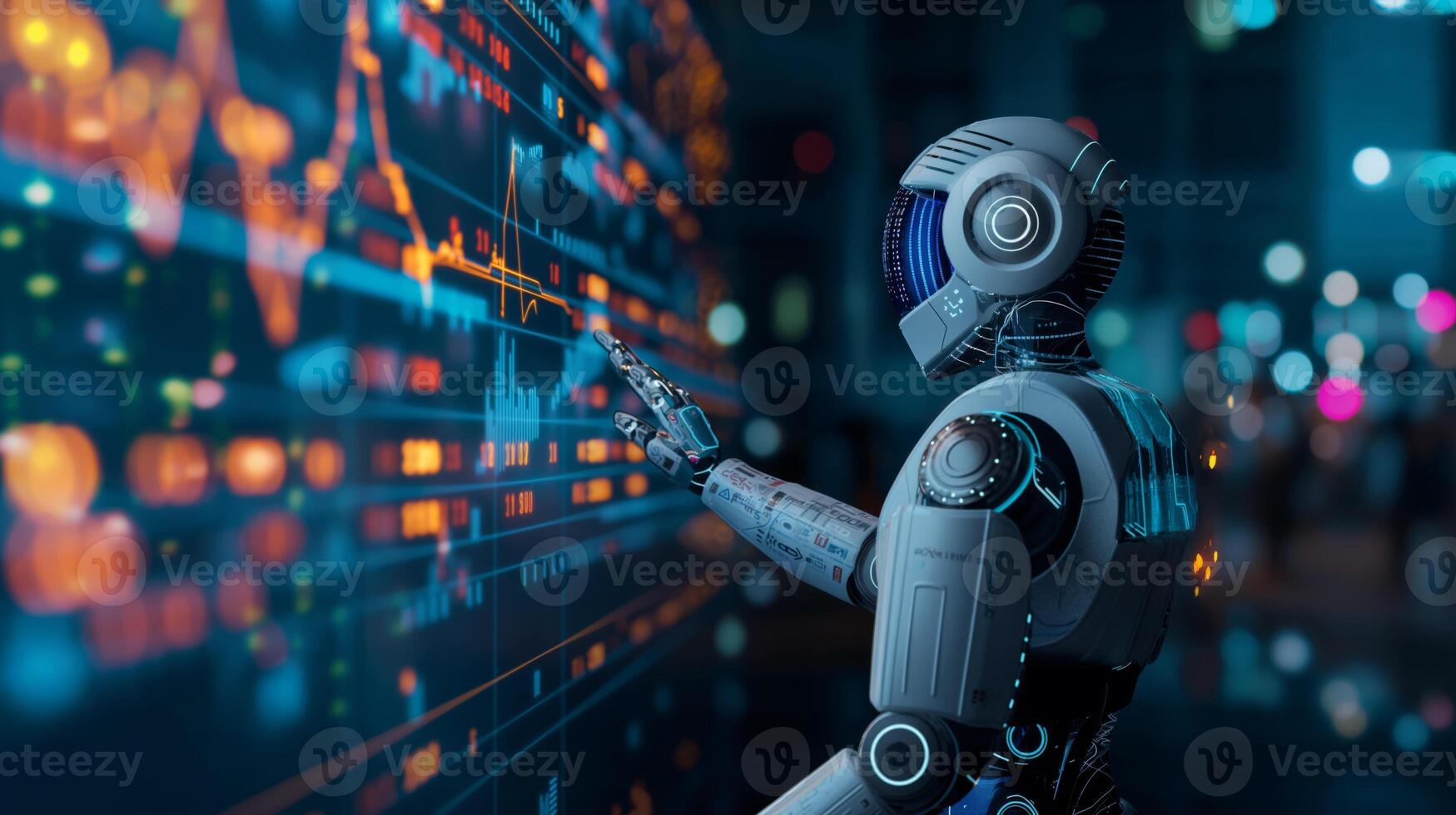 A futuristic humanoid robot analyzing digital data charts in a high-tech environment, showcasing advanced technology and innovation. photo