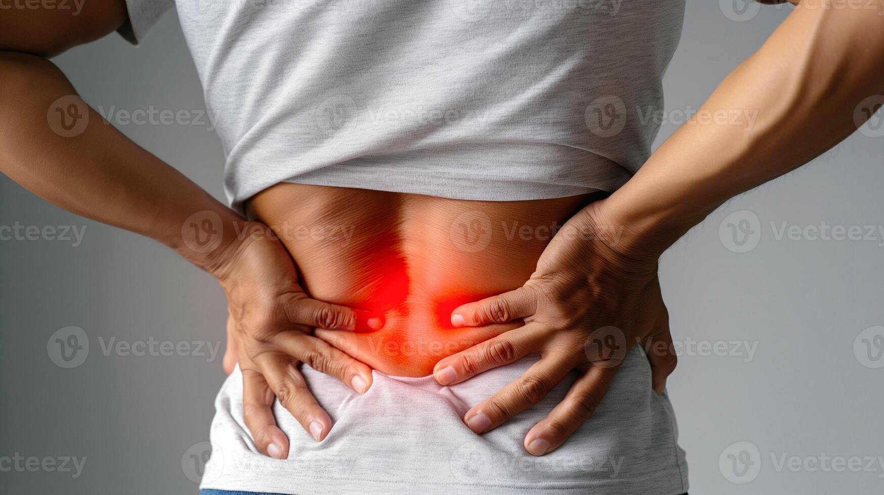 A man experiencing lower back pain, highlighting discomfort with a pained expression. photo