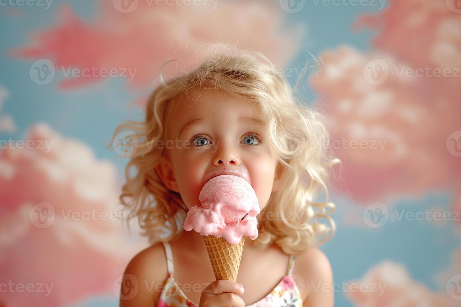 A joyful Caucasian girl with curly blonde hair enjoys a delicious pink ice cream cone against a dreamy cloud backdrop. photo